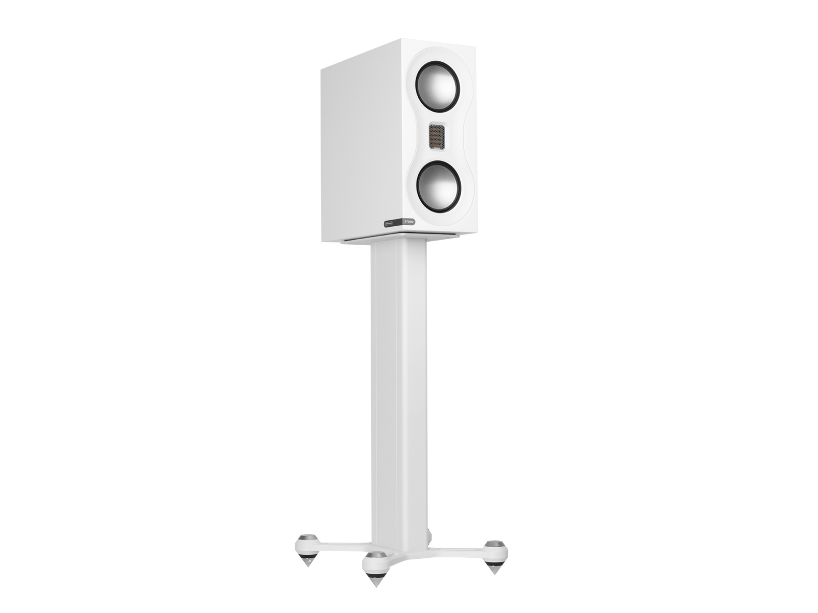 Speaker STAND, white finish with a white Studio speaker.