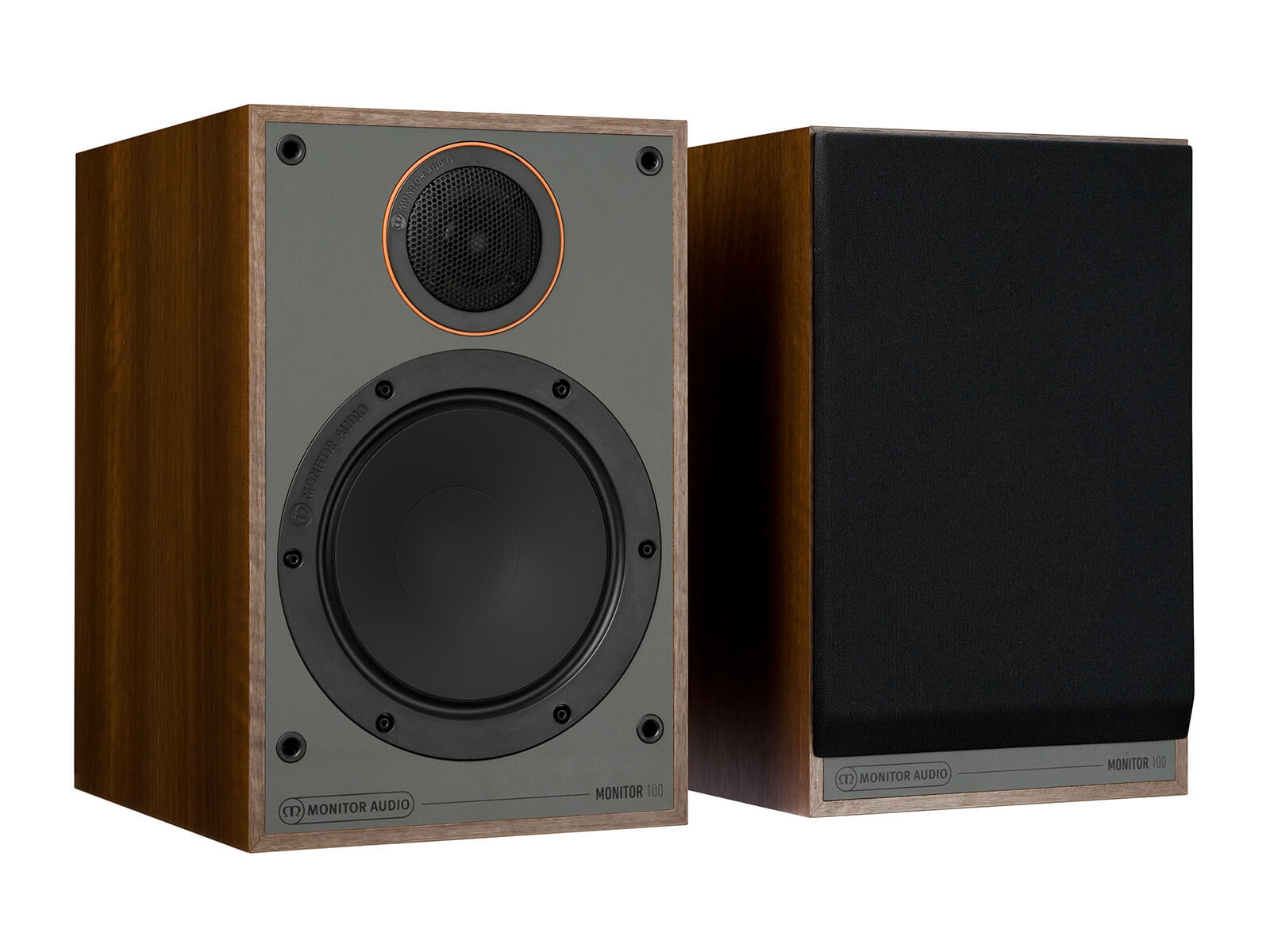 Monitor 100, bookshelf speakers, with and without grille in a walnut vinyl finish.