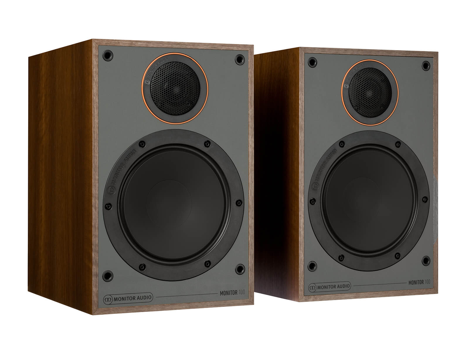 Monitor 100, bookshelf speakers, without grilles in a walnut vinyl finish.