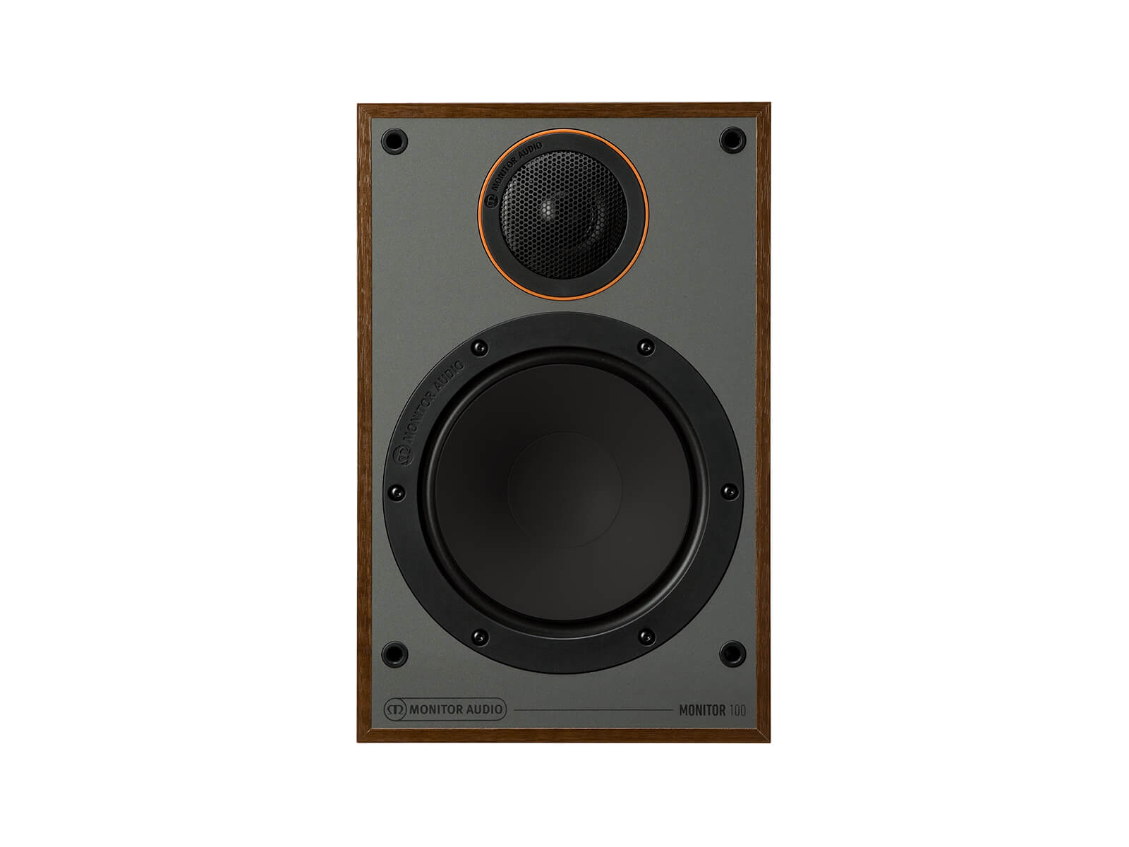 Monitor 100, bookshelf speakers, without grille, front on in a walnut vinyl finish.