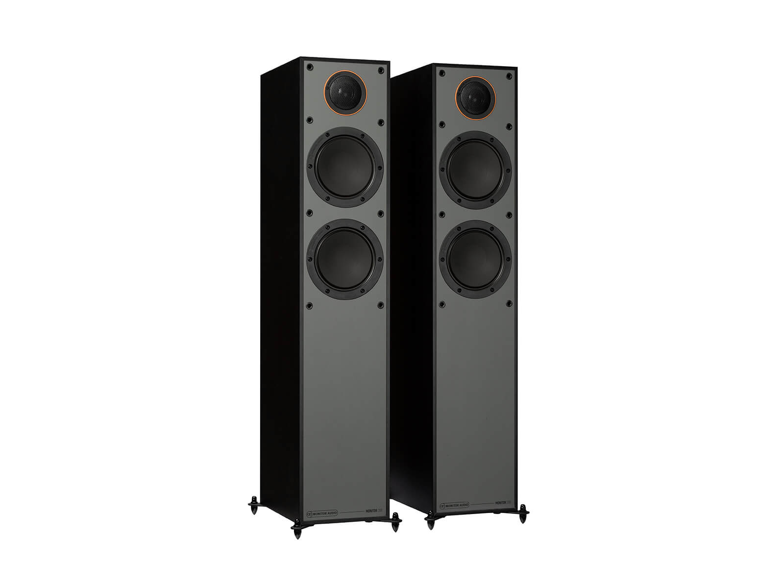 Monitor 200, floorstanding speakers, without grilles in a black finish.