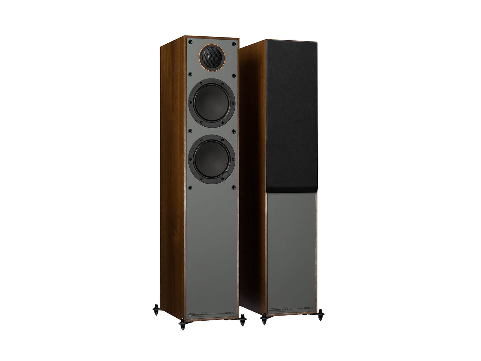 Monitor 200, floorstanding speakers, with and without grille in a walnut vinyl finish.