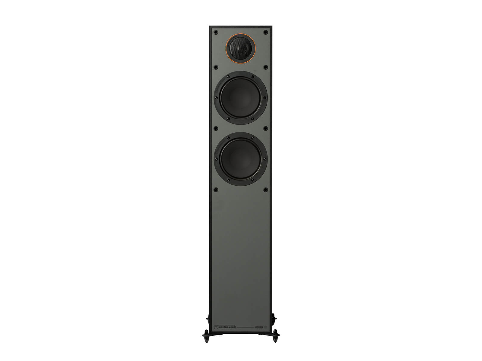 Monitor 200, floorstanding speakers, without grille, front on in a black finish.