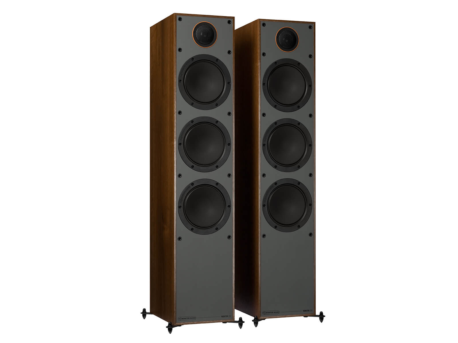 Monitor 300, floorstanding speakers, without grilles in a walnut vinyl finish.