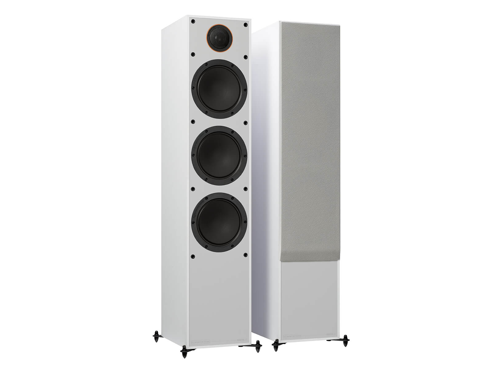 Monitor 300, floorstanding speakers, with and without grille in a white finish.