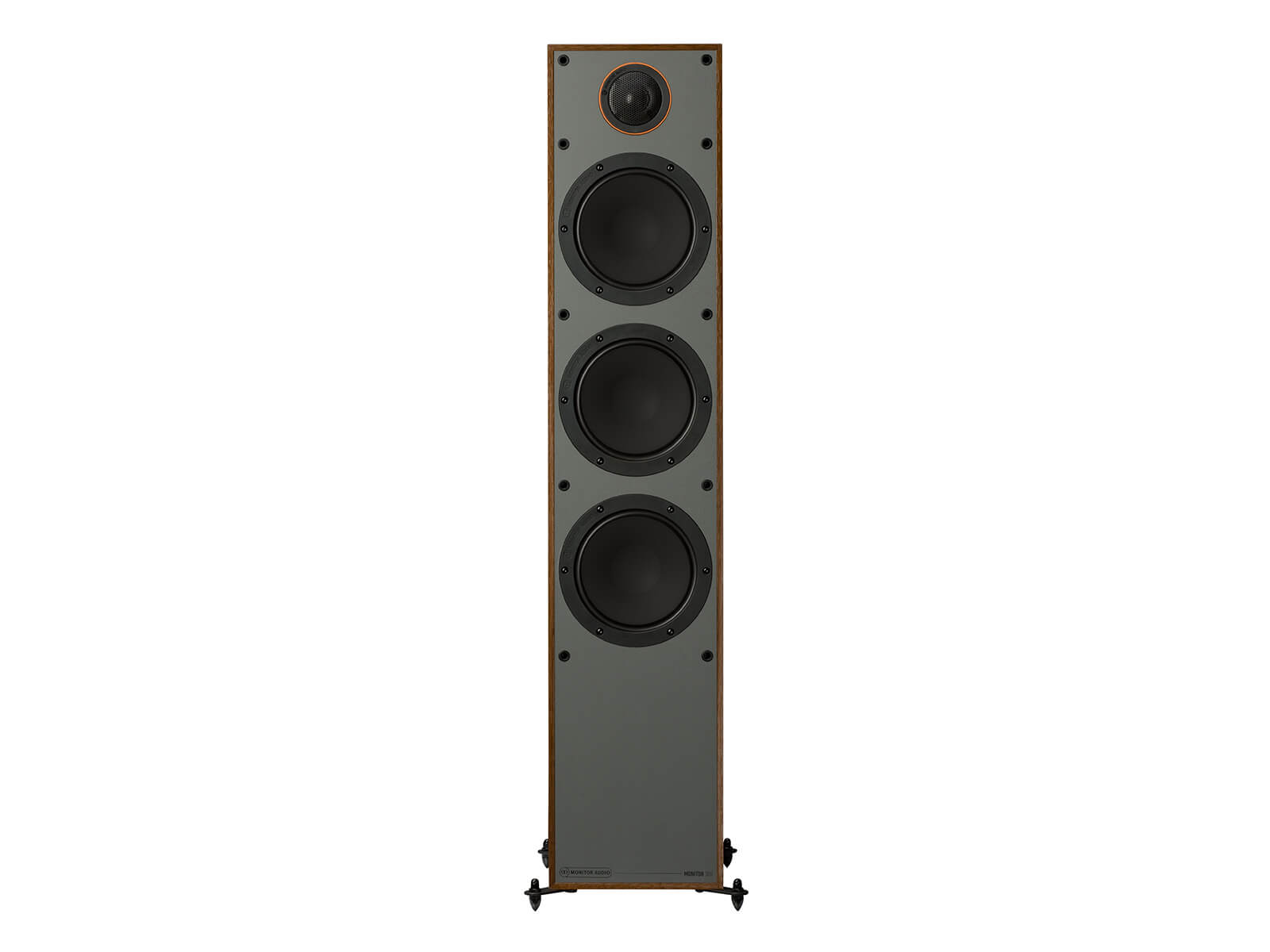 Monitor 300, floorstanding speakers, without grille, front on in a walnut vinyl finish.