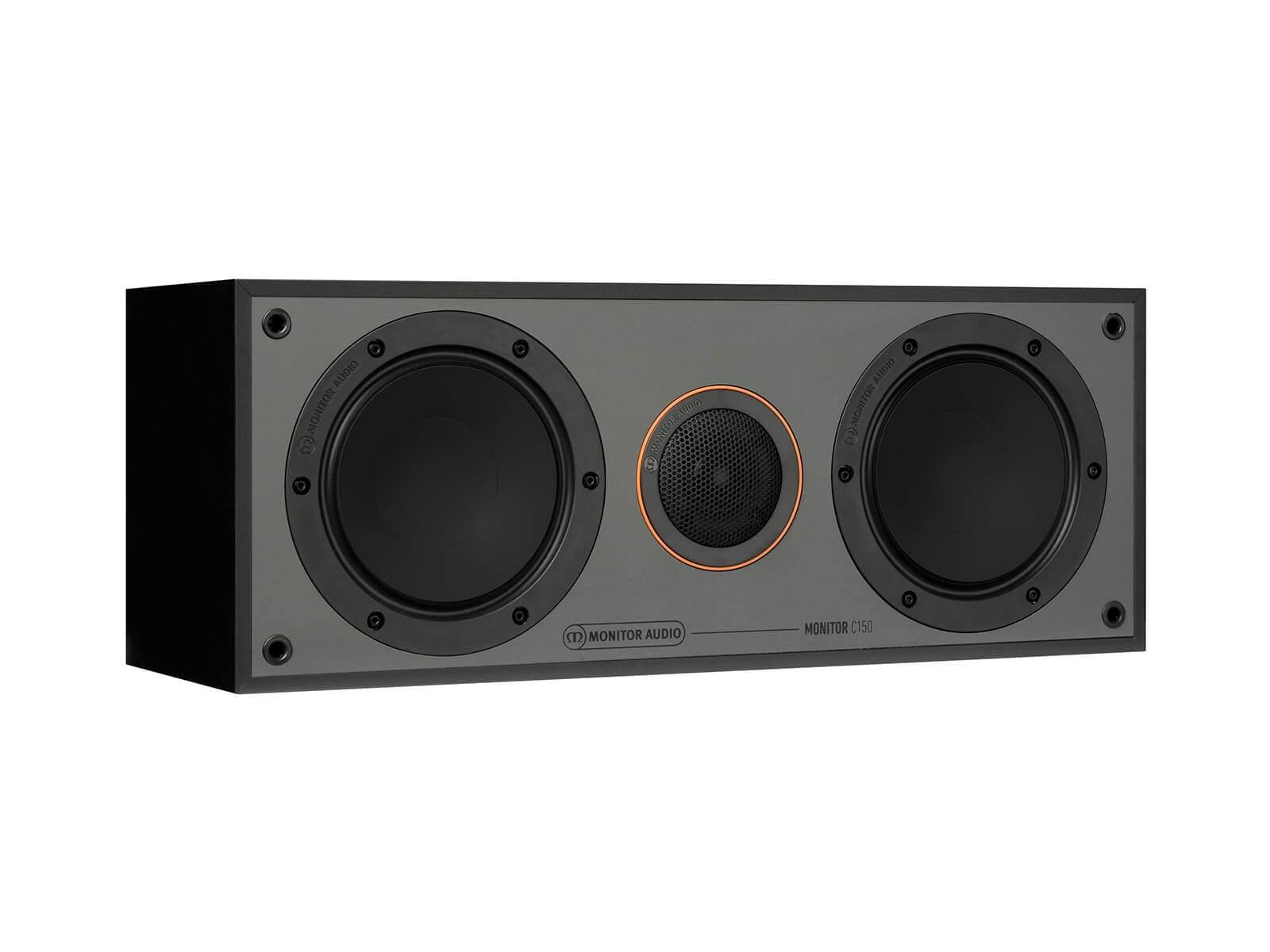 Monitor C150, grille-less centre channel speakers, with a black finish.