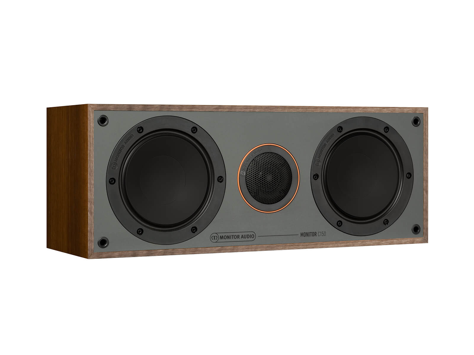 Monitor C150, grille-less centre channel speakers, with a walnut vinyl finish.