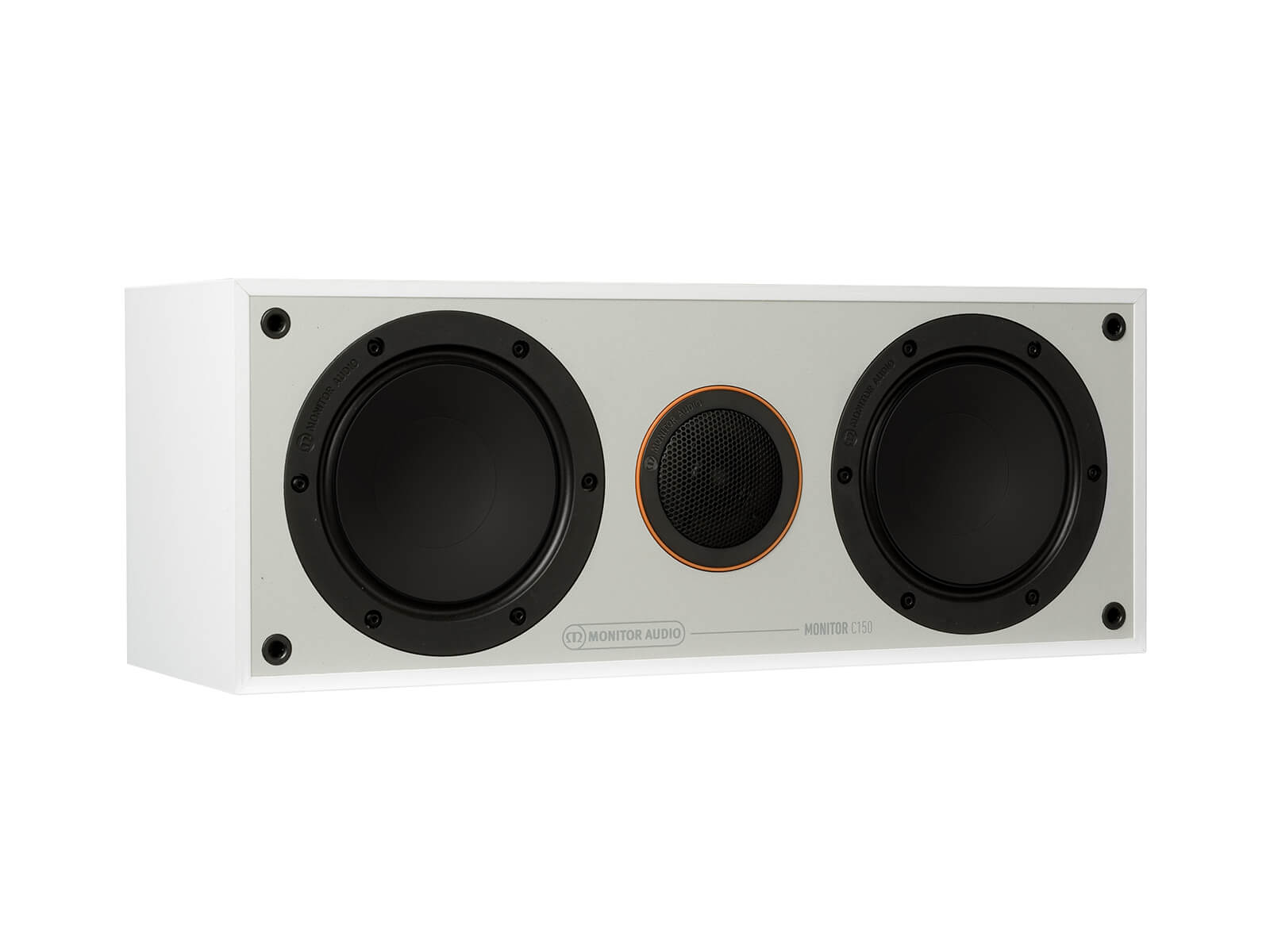 Monitor C150, grille-less centre channel speakers, with a white finish.