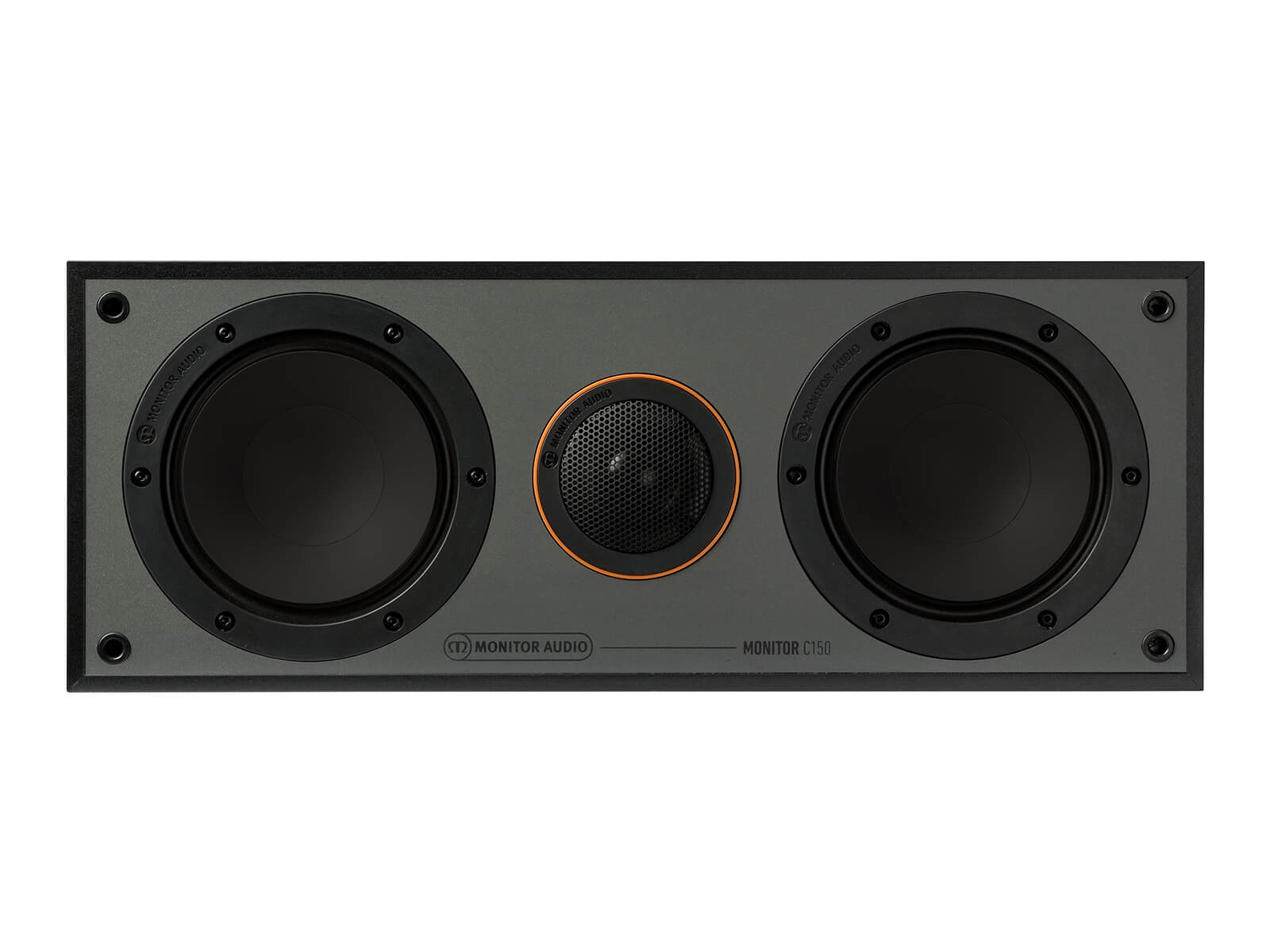 Monitor C150, centre channel speakers, without grille, front on in a black finish.
