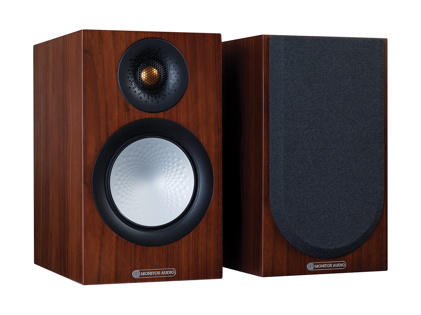 A pair of Monitor Audio's Silver 50 7G, in a natural walnut finish, iso view, with and without grilles.