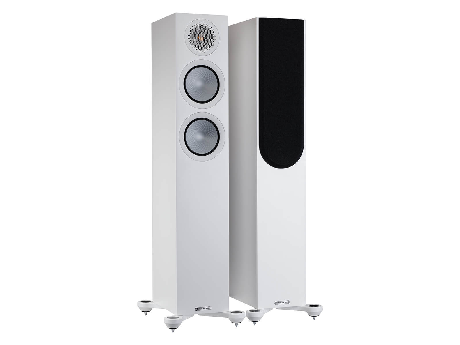 A pair of Monitor Audio's Silver 200 7G, in a satin white finish, iso view, with and without grilles.