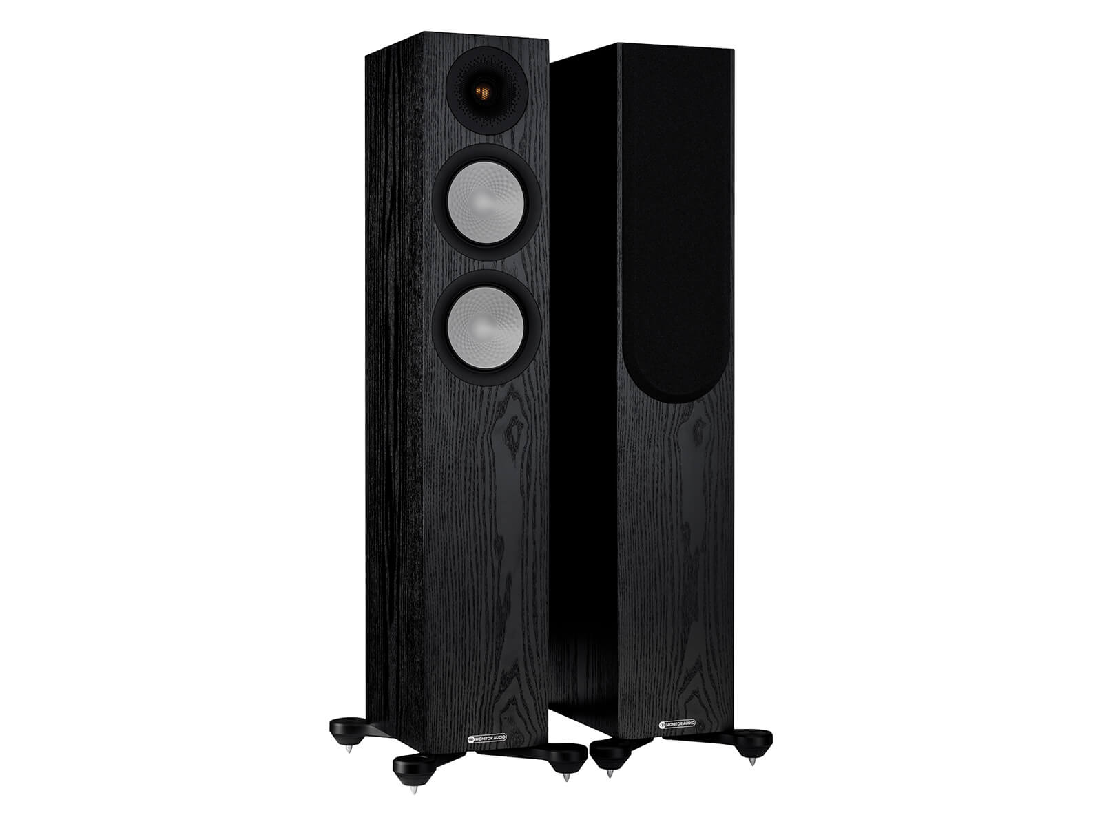 A pair of Monitor Audio's Silver 200 7G, in a black oak finish, iso view, with and without grilles.