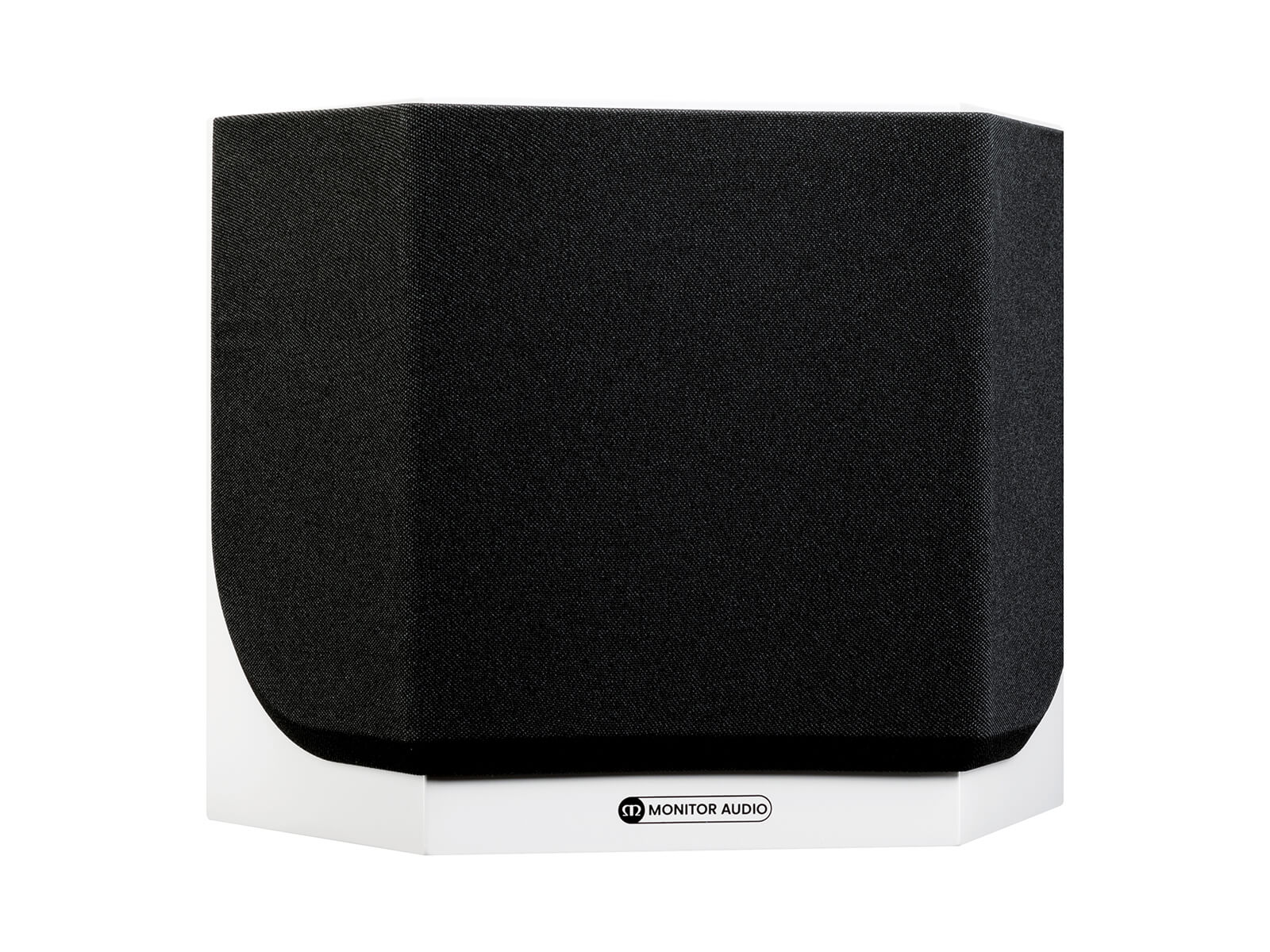 Monitor Audio's Silver FX 7G, in a satin white finish, iso view, with grille.
