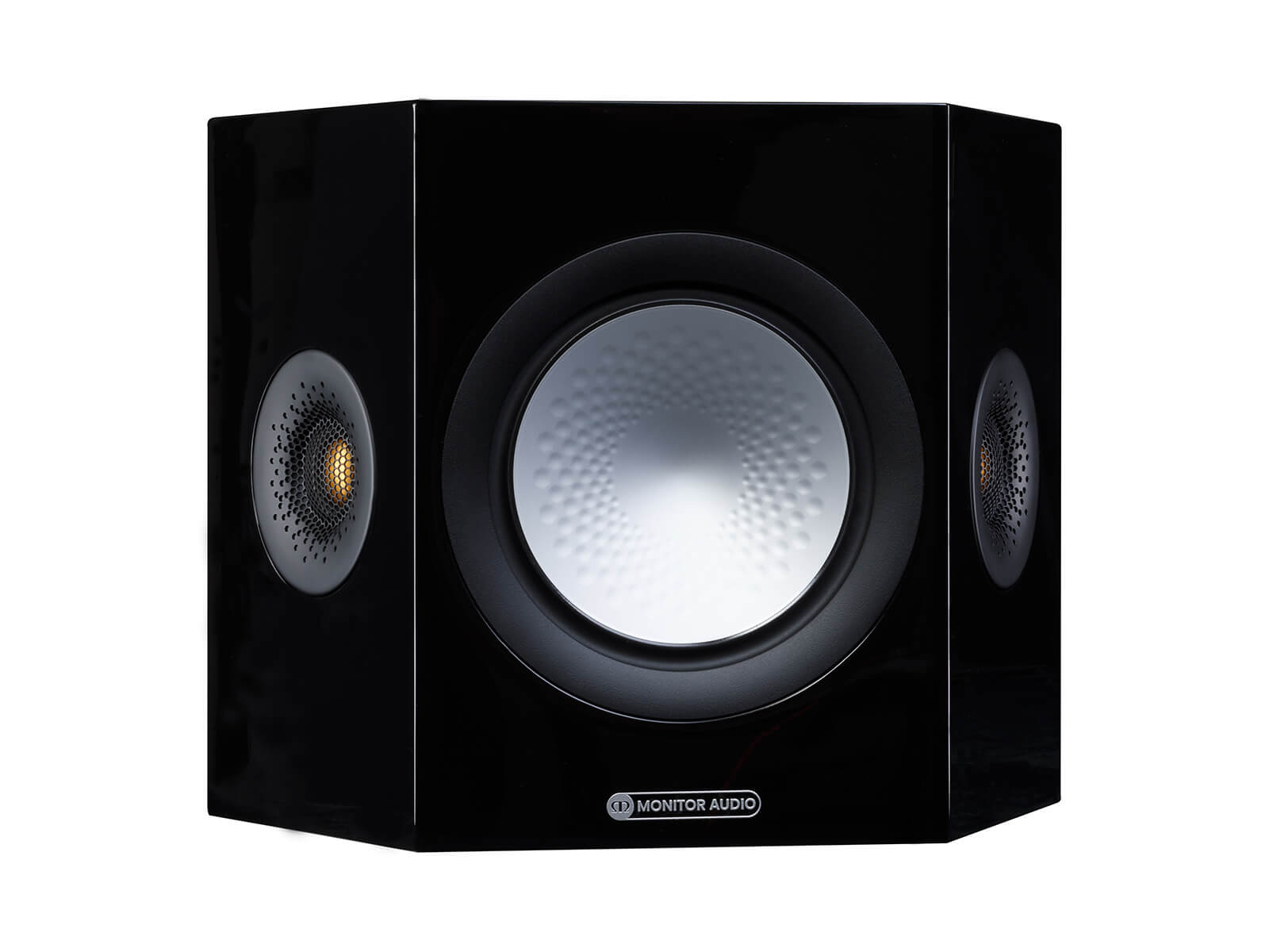 Monitor Audio's Silver FX 7G, in a black gloss finish, iso view, without grille.