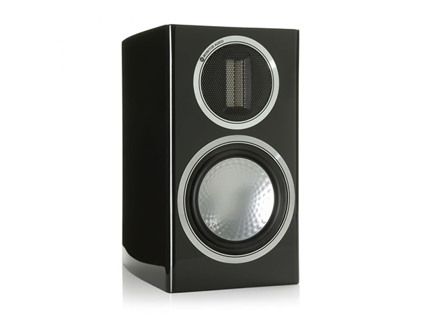 Gold 50, grille-less bookshelf speakers, with a piano black lacquer finish.