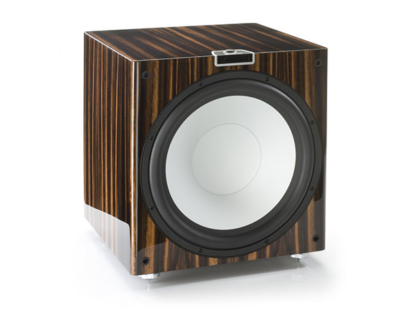 Gold W15 grille-less subwoofer, with a piano ebony finish.