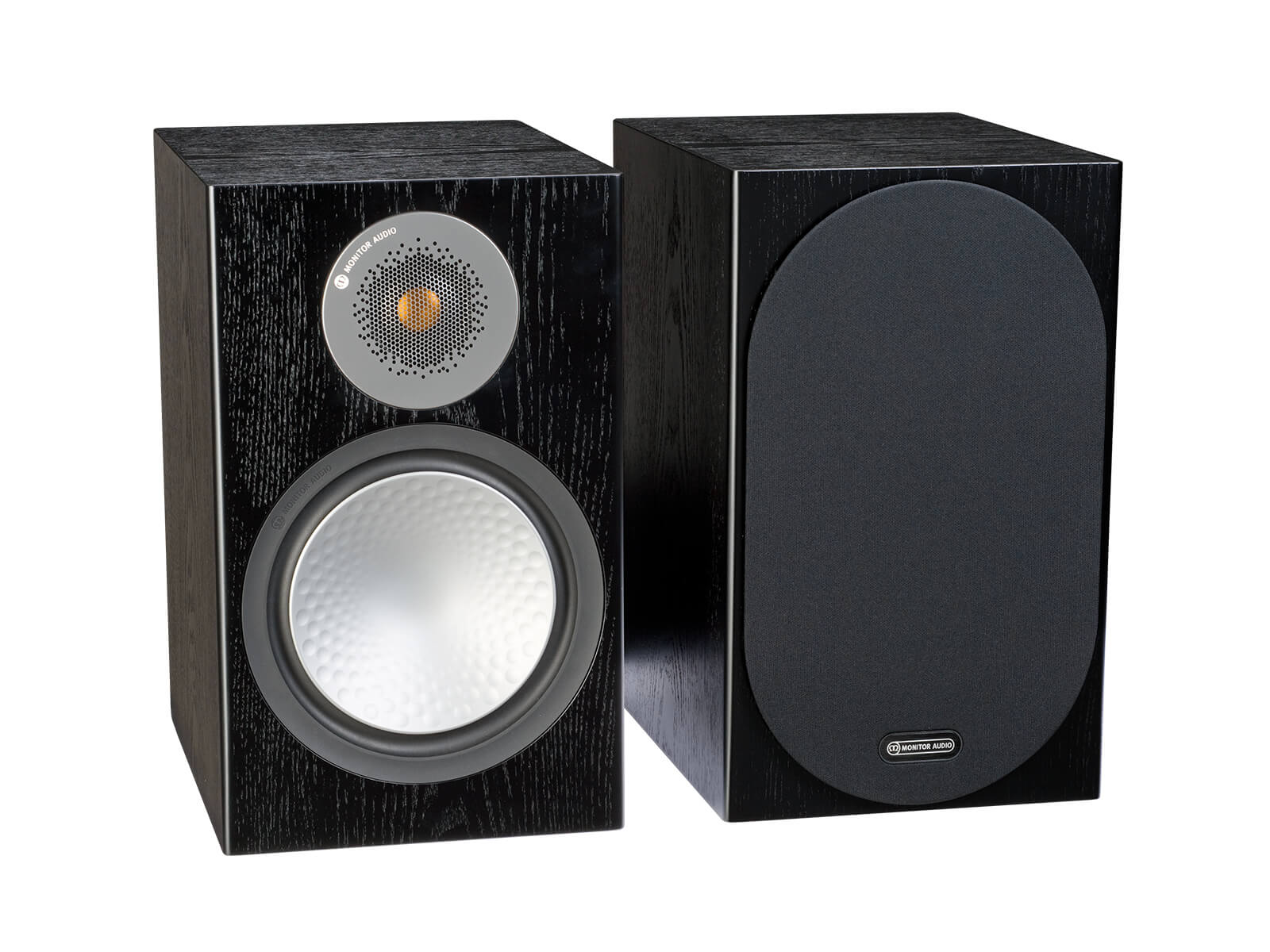 Silver 100, bookshelf speakers, with and without grille in a black oak finish.