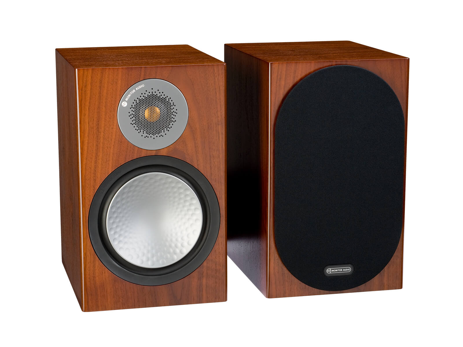 Silver 100, bookshelf speakers, with and without grille in a walnut finish.