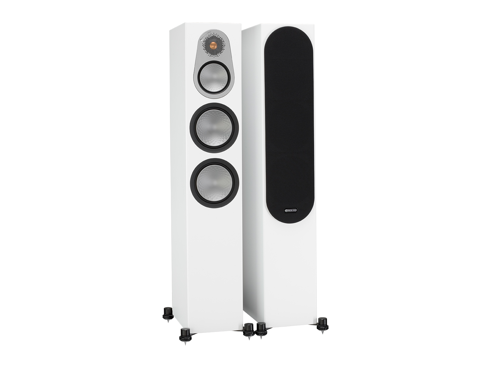 Silver 300, floorstanding speakers, with and without grille in a white satin finish.