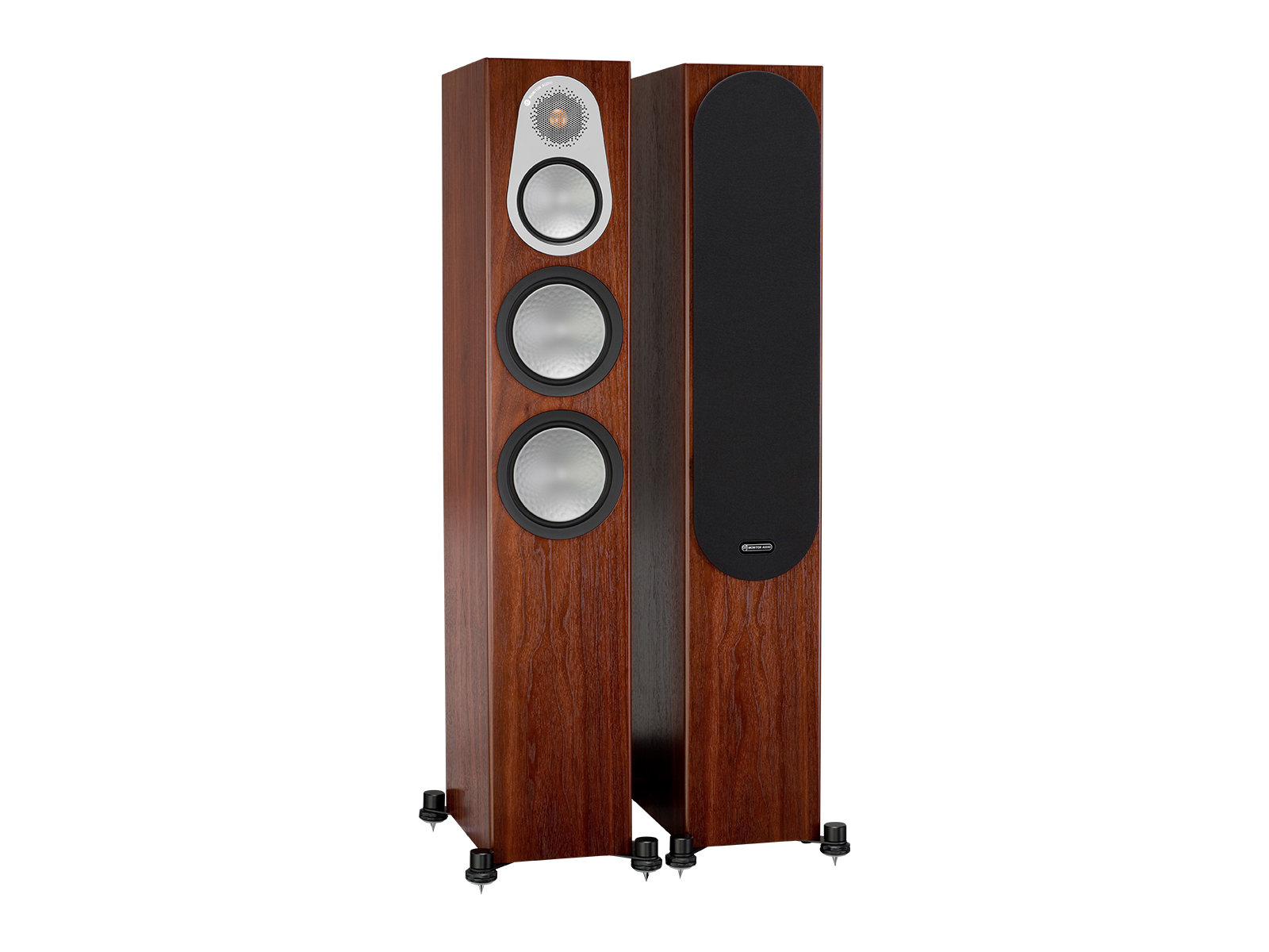 Silver 300, floorstanding speakers, with and without grille in a walnut finish.