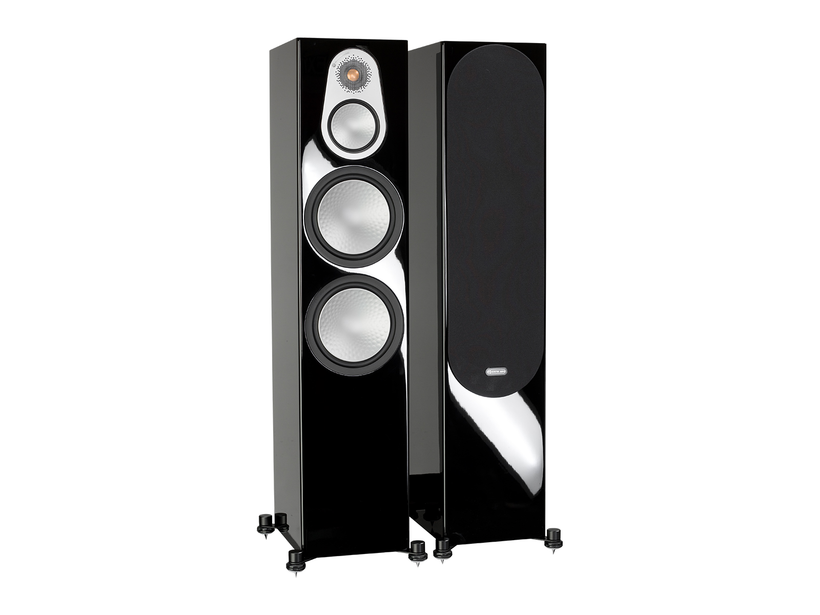 Silver 500, floorstanding speakers, with and without grille in a high gloss black finish.