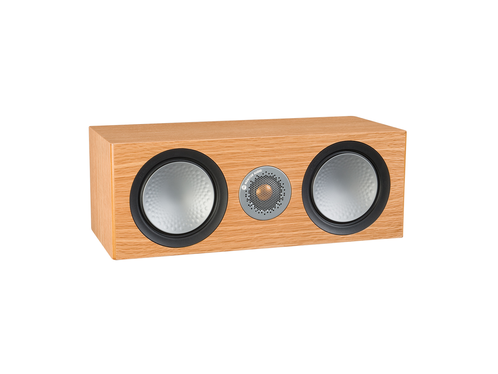 Silver C150, grille-less centre channel speakers, with a natural oak finish.