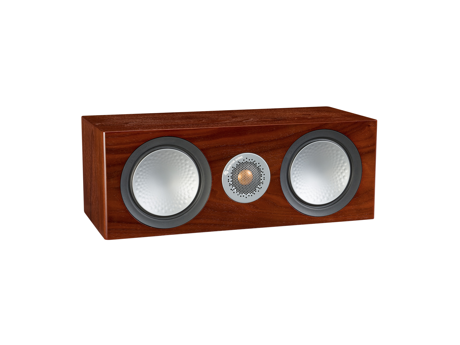 Silver C150, grille-less centre channel speakers, with a walnut finish.