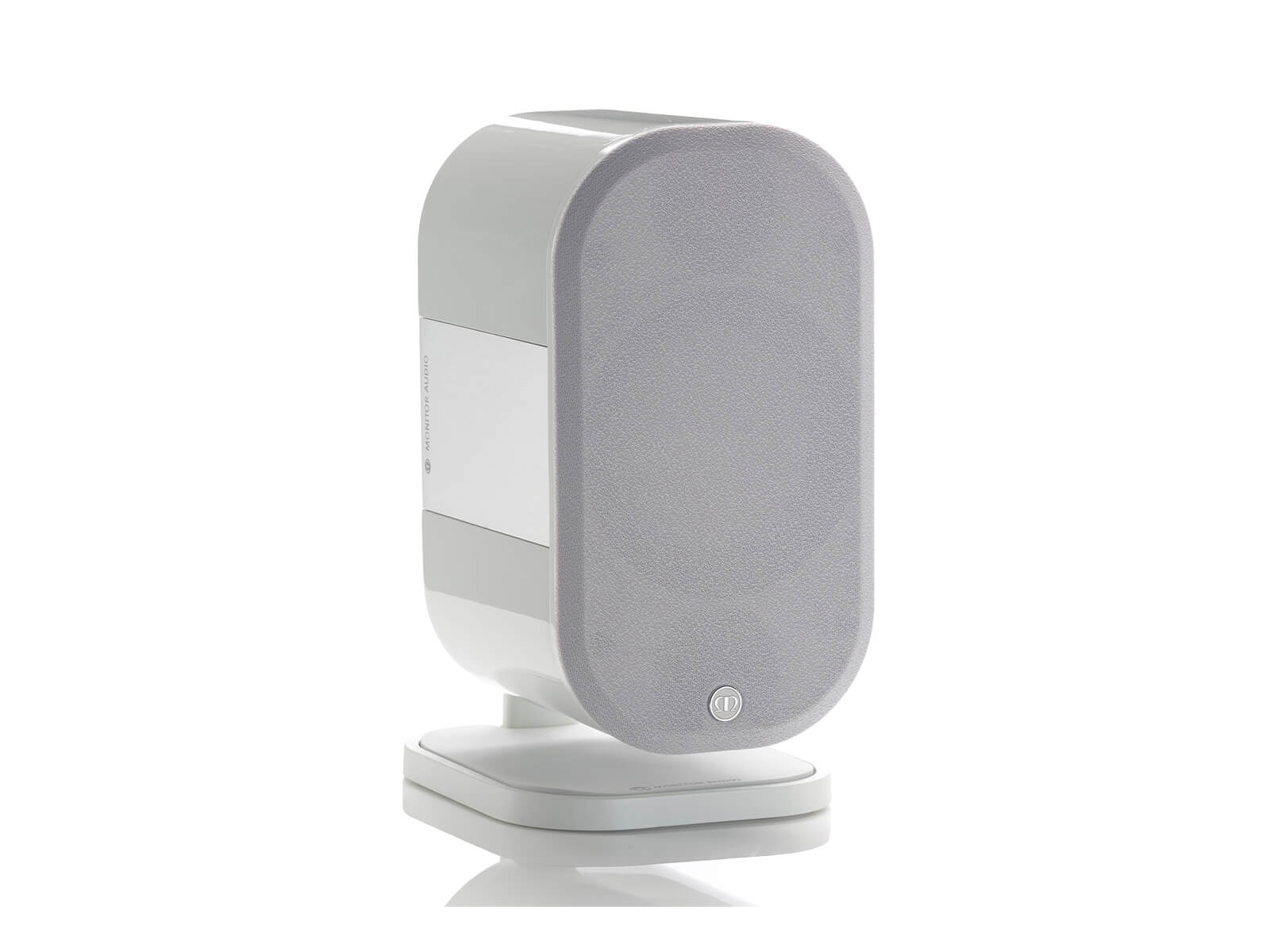 Apex A10, bookshelf speakers, featuring a grille and a metallic pearl white high gloss finish.
