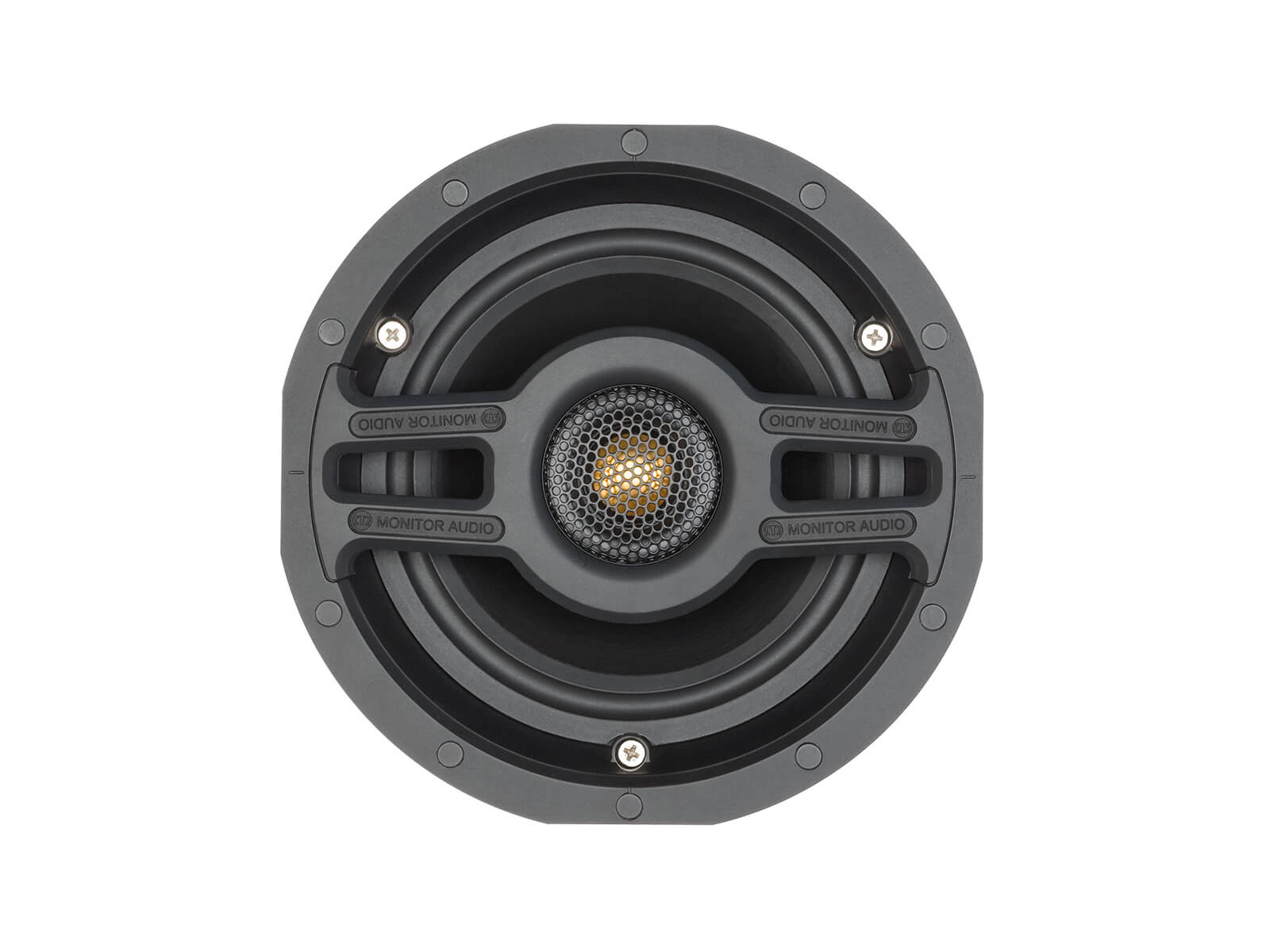 Slim CS160, front-on, grille-less in-ceiling speakers.
