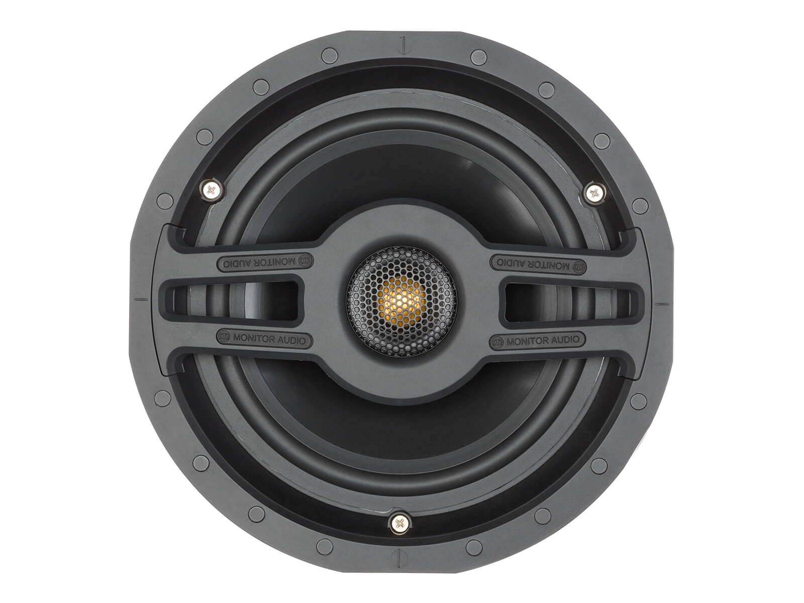 Slim CS180, front-on, grille-less in-ceiling speakers.