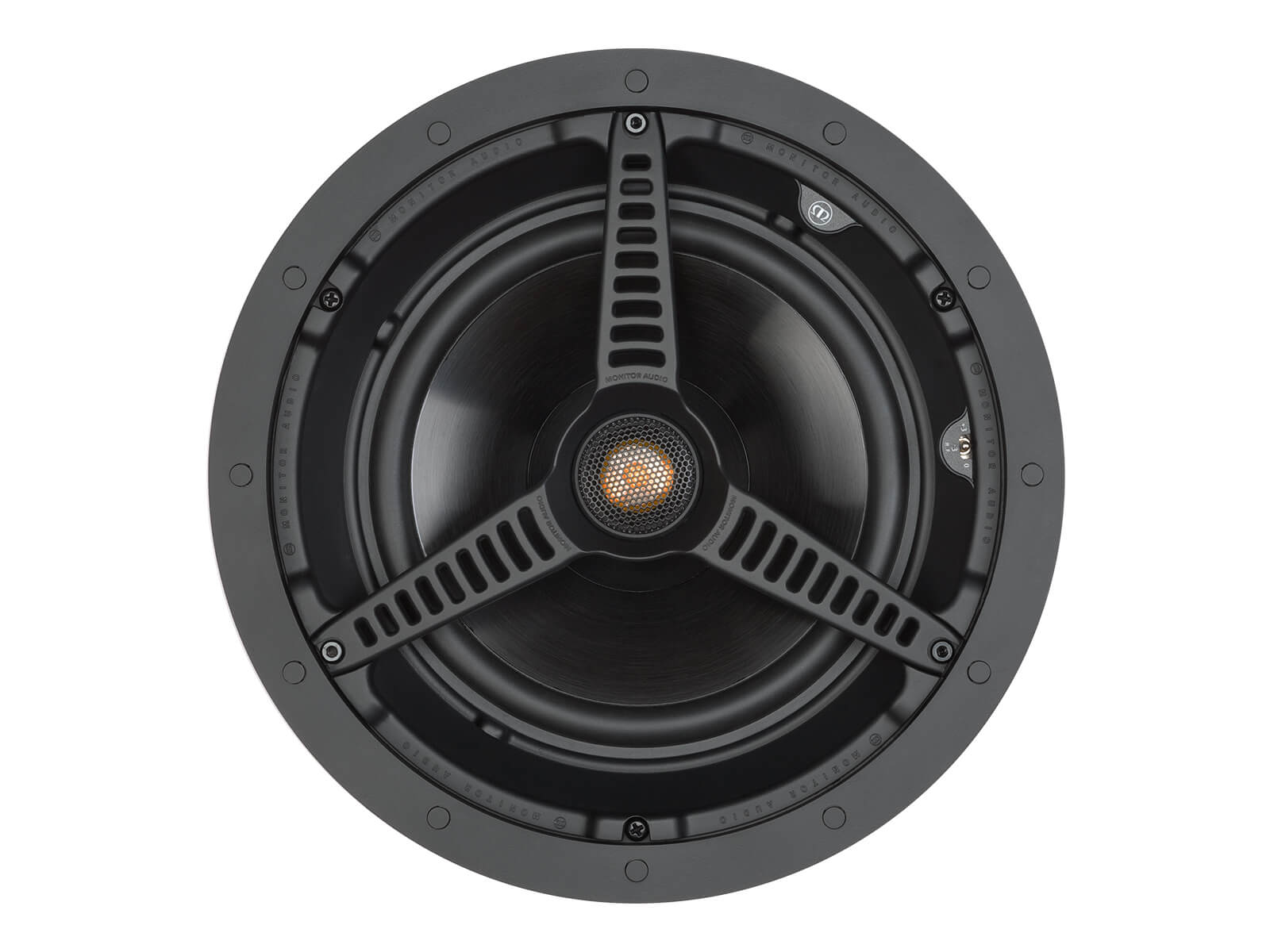 Core C180, front-on, grille-less in-ceiling speakers.
