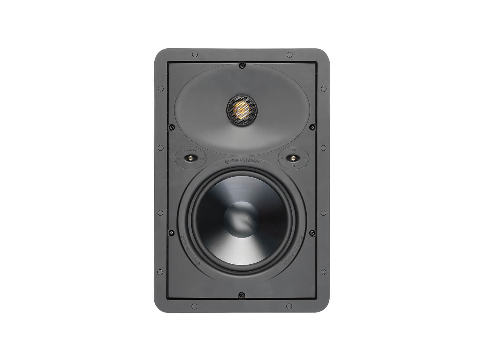 Core W265, front-on, grille-less in-wall speakers.