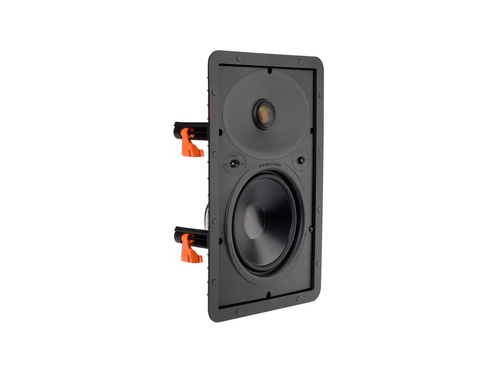 Core W265, front ISO, grille-less in-wall speakers.