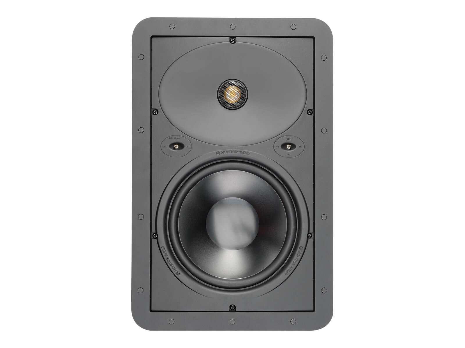 Core W280, front-on, grille-less in-wall speakers.