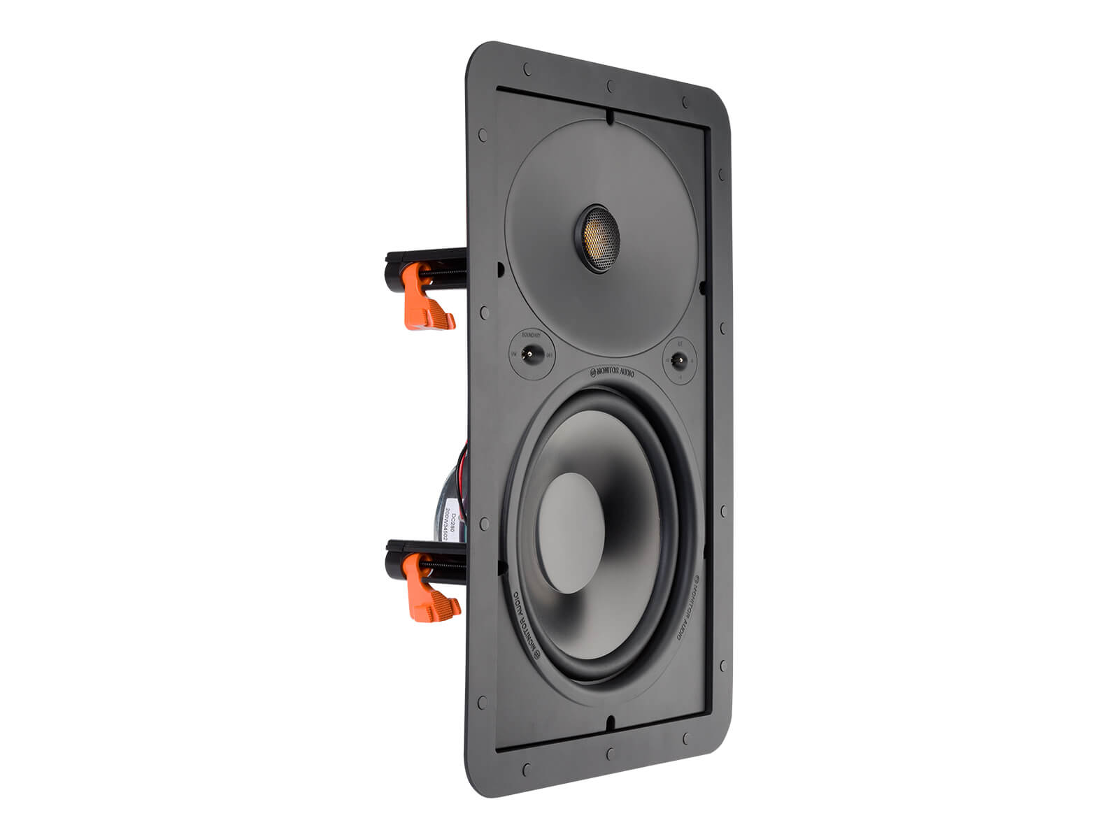 Core W280, front ISO, grille-less in-wall speakers.