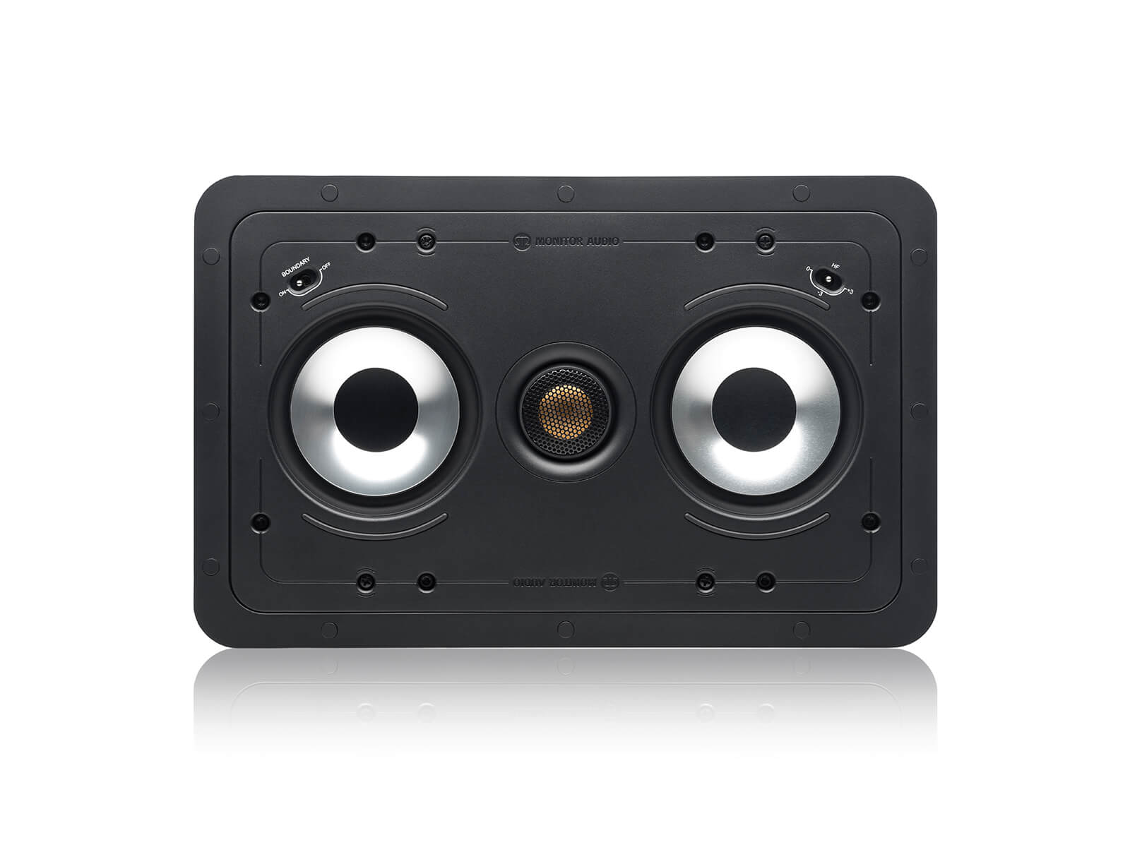 Controlled Performance CP-WT240LCR, front-on, grille-less in-wall speakers.