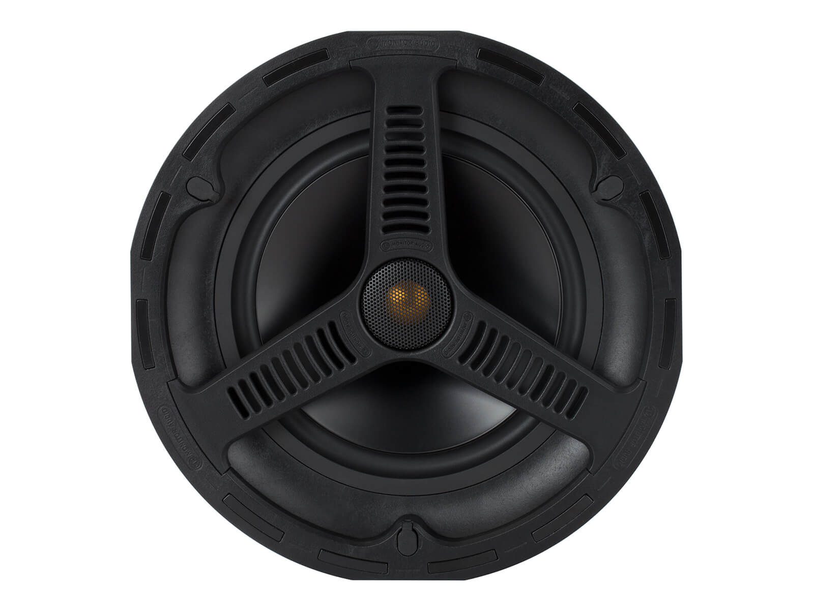 All Weather AWC280, front-on, grille-less in-ceiling speakers.
