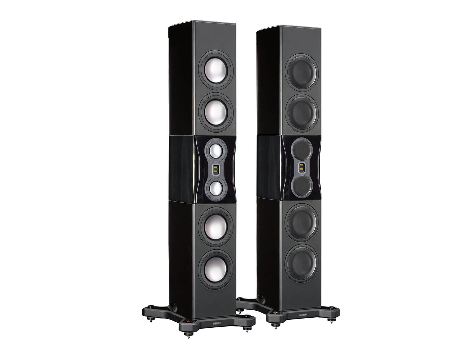 Platinum PL500 II, floorstanding speakers, featuring a grille and an ebony real wood veneer finish.
