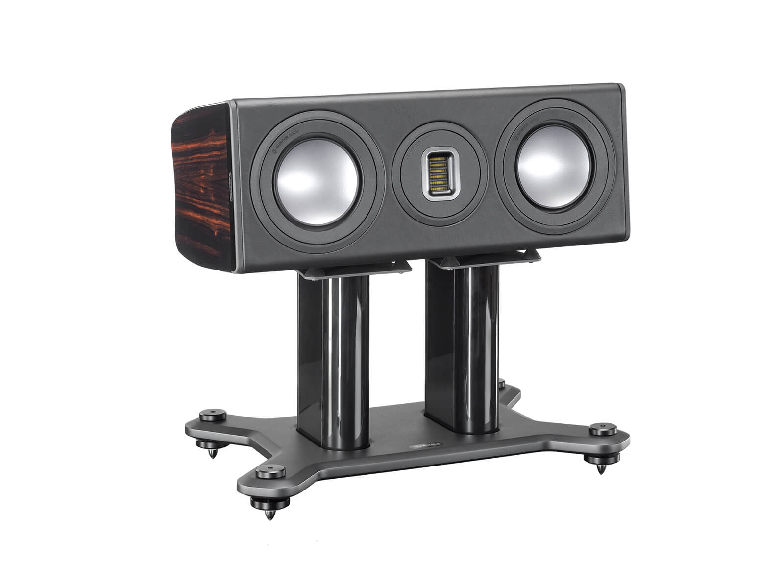 Platinum PLC150 II, centre channel speakers, featuring a grille and an ebony real wood veneer finish.
