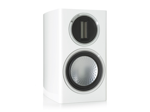 Gold 50, grille-less bookshelf speakers, with a high gloss white lacquer finish.