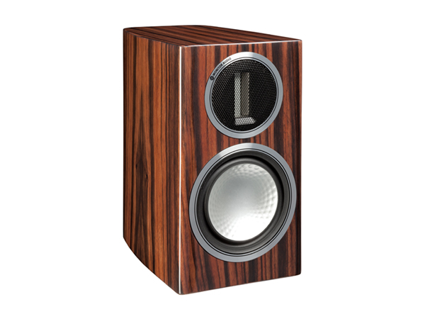 Gold 50, grille-less bookshelf speakers, with a piano ebony finish.