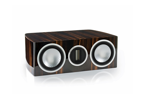 Gold C150, grille-less centre channel speakers, with a piano ebony finish.