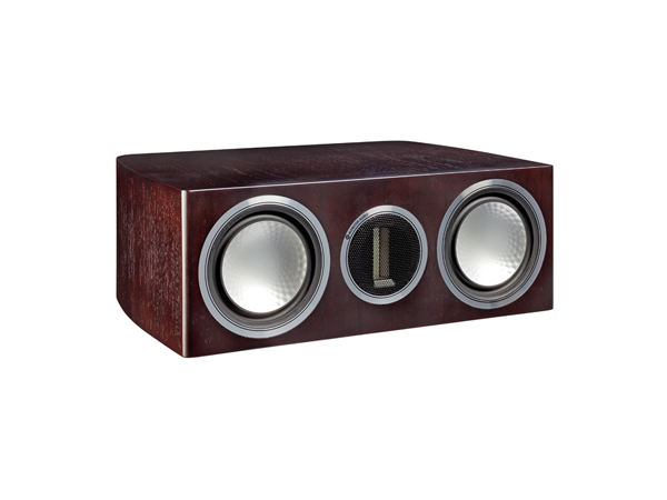 Gold C150, grille-less centre channel speakers, with a dark walnut real wood veneer finish.
