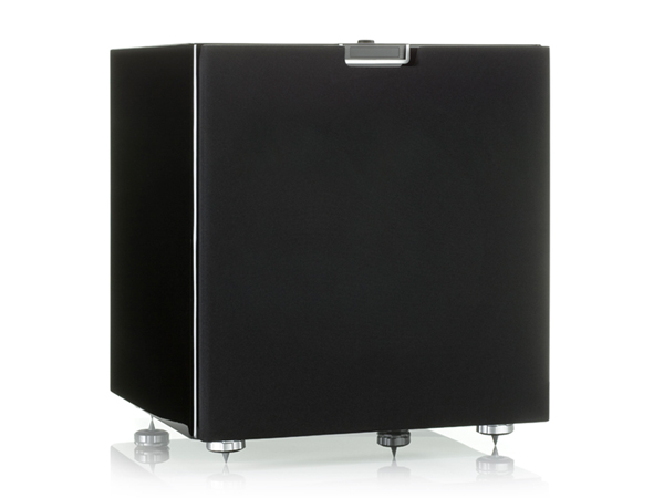 Gold W15 subwoofer, featuring a grille and a piano black lacquer finish.
