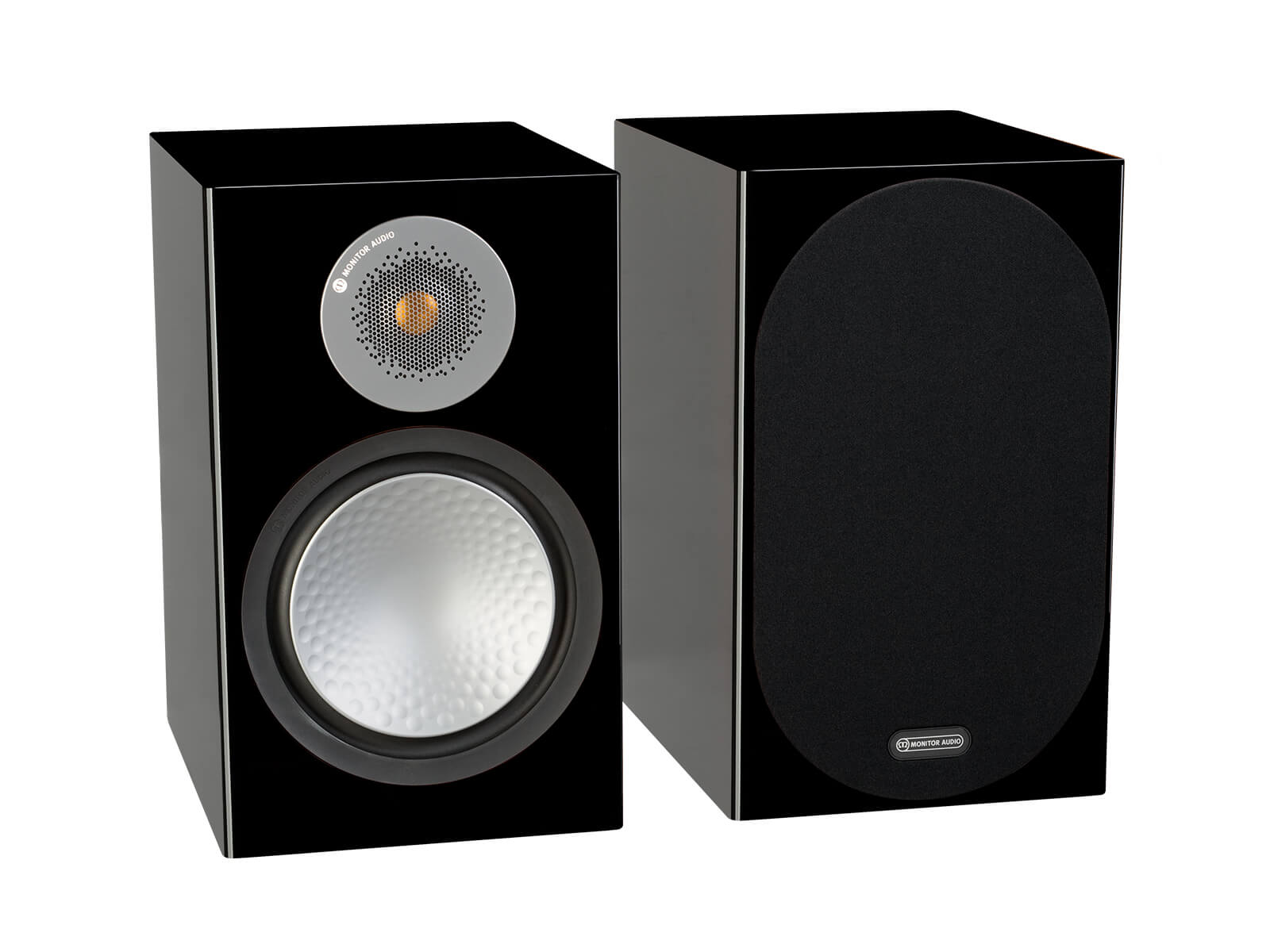Silver 100, bookshelf speakers, with and without grille in a high gloss black finish.