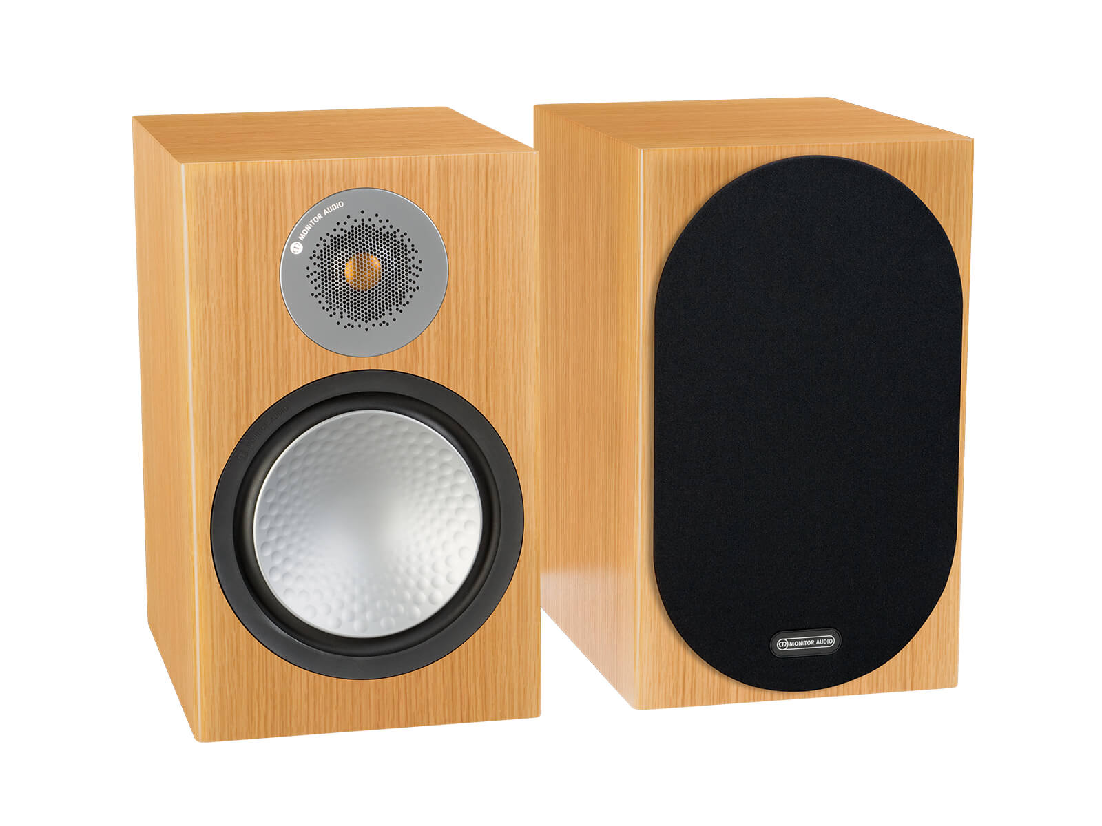 Silver 100, bookshelf speakers, with and without grille in a natural oak finish.