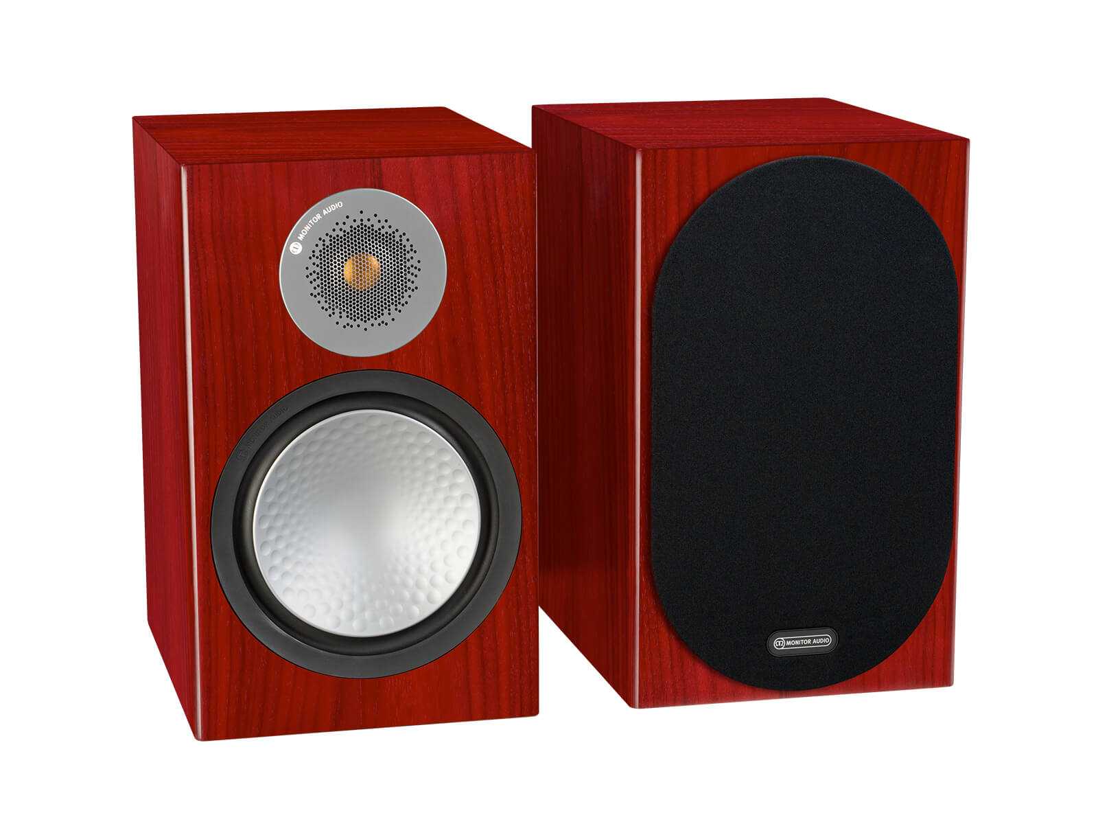 Silver 100, bookshelf speakers, with and without grille in a rosenut finish.