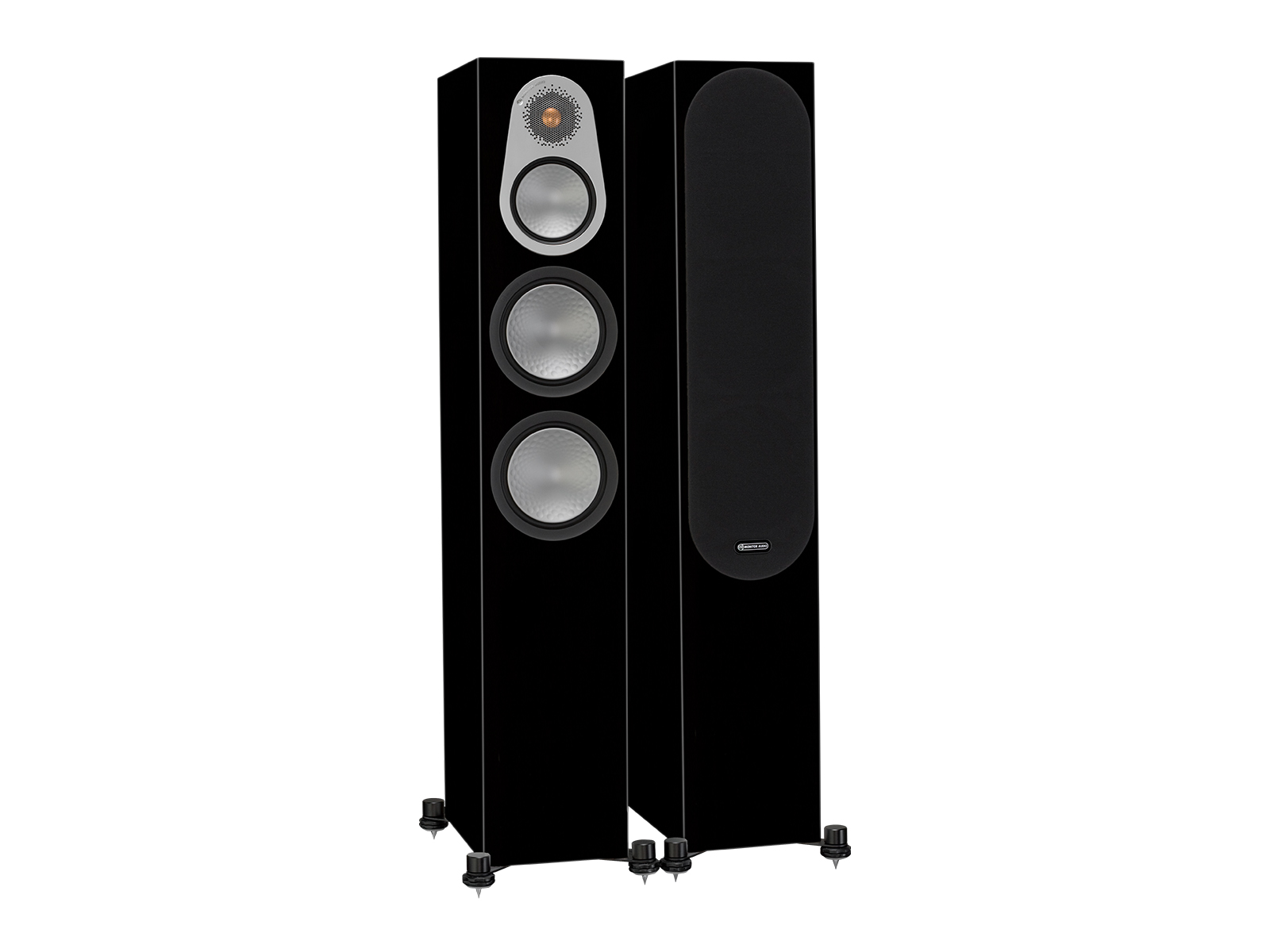 Silver 300, floorstanding speakers, with and without grille in a high gloss black finish.