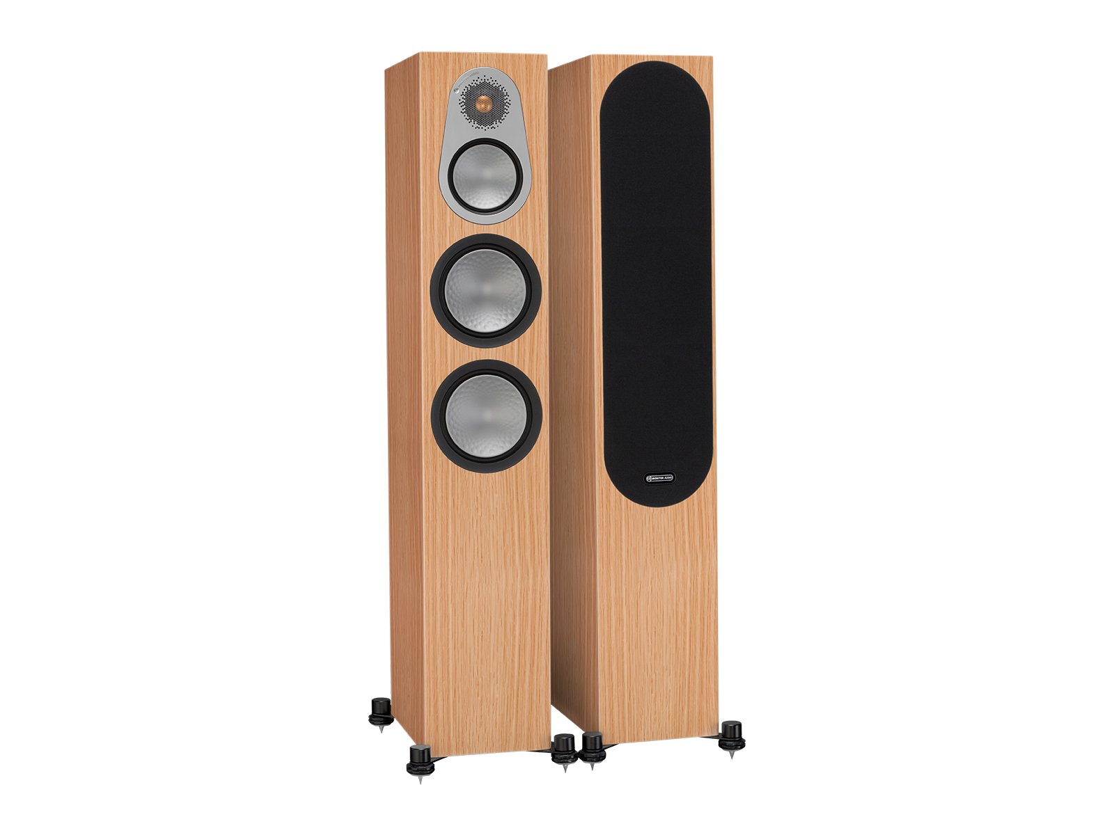 Silver 300, floorstanding speakers, with and without grille in a natural oak finish.